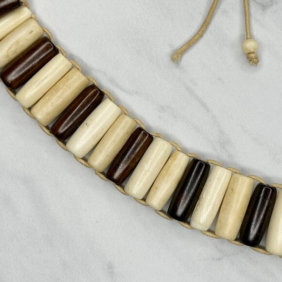 Wood Beaded Tie Belt Brown Cream Boho Statement Belt Medium (M) ✨ - Picture 9 of 14